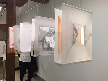 Perspective Dioramas, 2015, Ink, pencil and color pencil on Mylar and wood by Alexandra Schoenberg