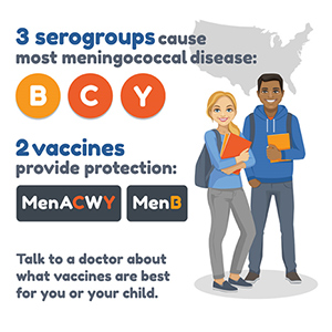 Two meningococcal vaccines (MenACWY and MenB) provide protection against the serogroups that cause most meningococcal disease in the United States