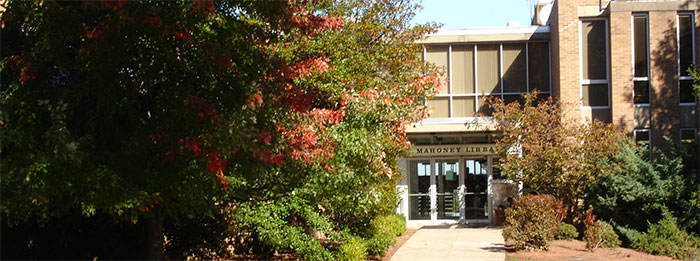 Entrance of Mahoney Library with Autumn leaves
