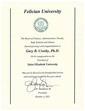 Greetings for SEU President Crosby from Felician University