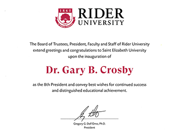 Greetings for SEU President Crosby from Rider University