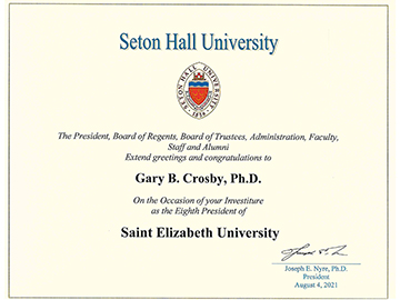 Greetings for SEU President Crosby from Seton Hall University