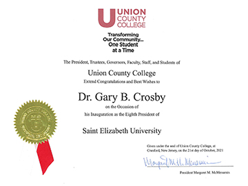 Greetings for SEU President Crosby from Union County College