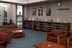 Image: Wall with shelves displaying periodicals. Posters with celebrities and the word READ are hung on the wall behind them.