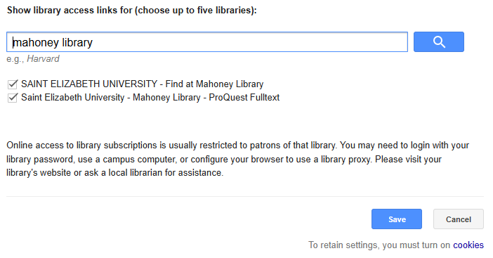 When "mahoney library" is searched, two checkboxes appear, labeled "Saint Elizabeth University - Find at Mahoney Library" and "Saint Elizabeth University - ProQuest Full Text". Check both boxes