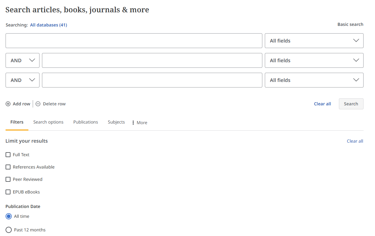 Similar to the ProQuest search screen, there are text boxes to enter keywords and drop down menus to choose boolean operators. Below that are filter options